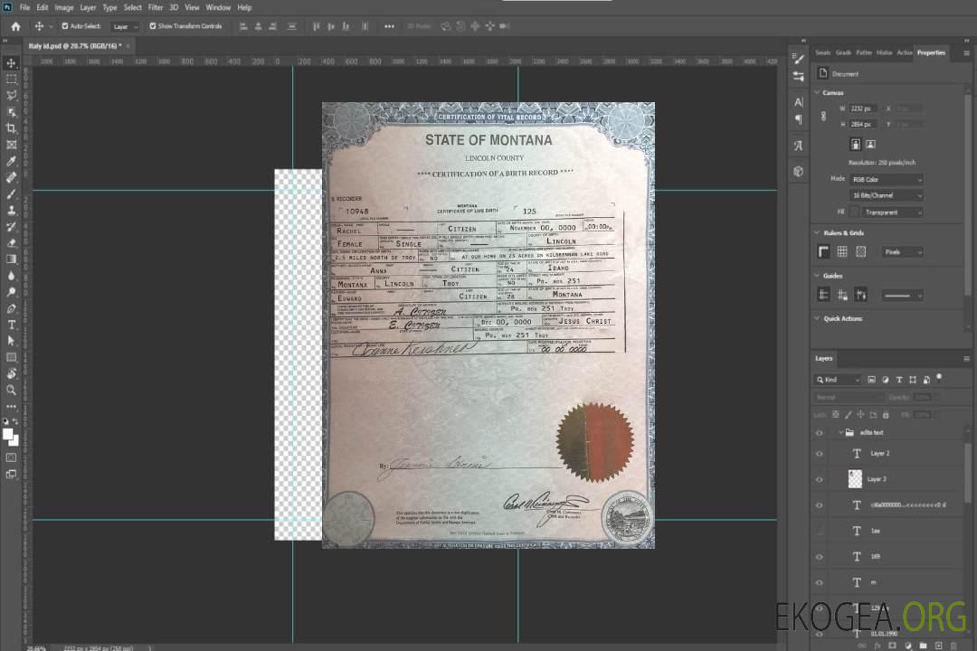 Modèle de certificat de naissance de l'État du Montana aux États-Unis au format PSD template Modèle de certificat de naissance de l'État du Montana aux États-Unis au format PSD template